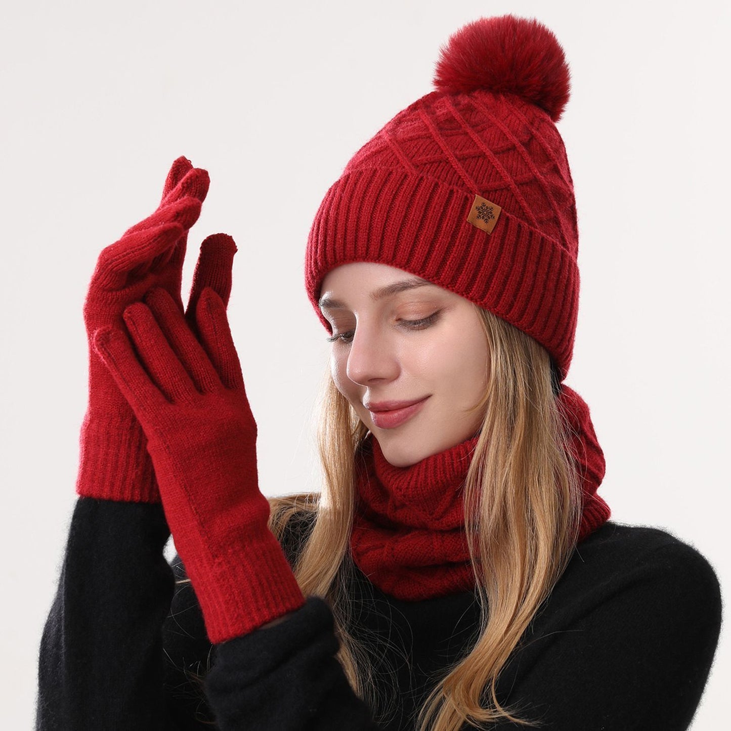 Women Red Argyle 3-Piece Set-Hat Scarf and Gloves V1221-WOMEN-RED-ARGYLE-3-PIECE-SET-HAT-SCARF-AND-GLOVES