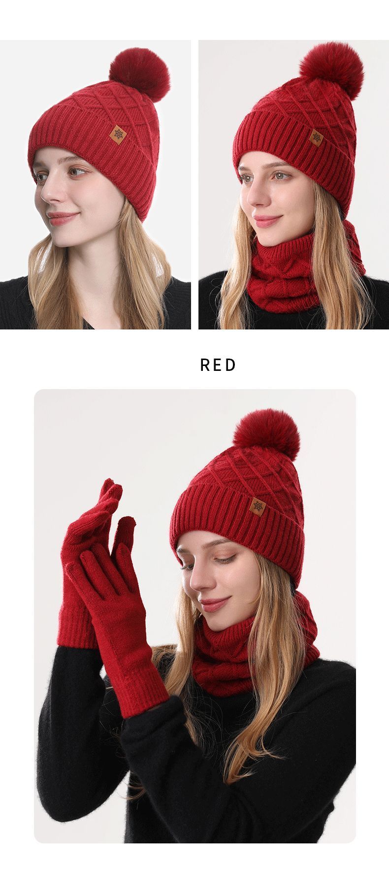 Women Red Argyle 3-Piece Set-Hat Scarf and Gloves V1221-WOMEN-RED-ARGYLE-3-PIECE-SET-HAT-SCARF-AND-GLOVES