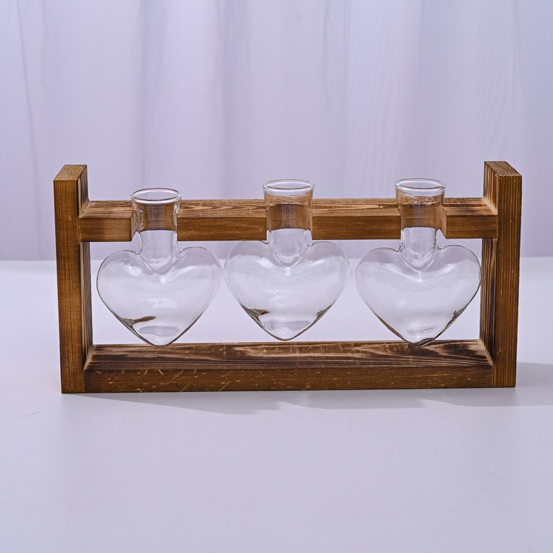 HydroponicWoodenFramewithSnap-On-Heart-ShapedTripleBottle V1221-WOODENSTAND-HEART-SHAPEDTRIPLEBOTTLE