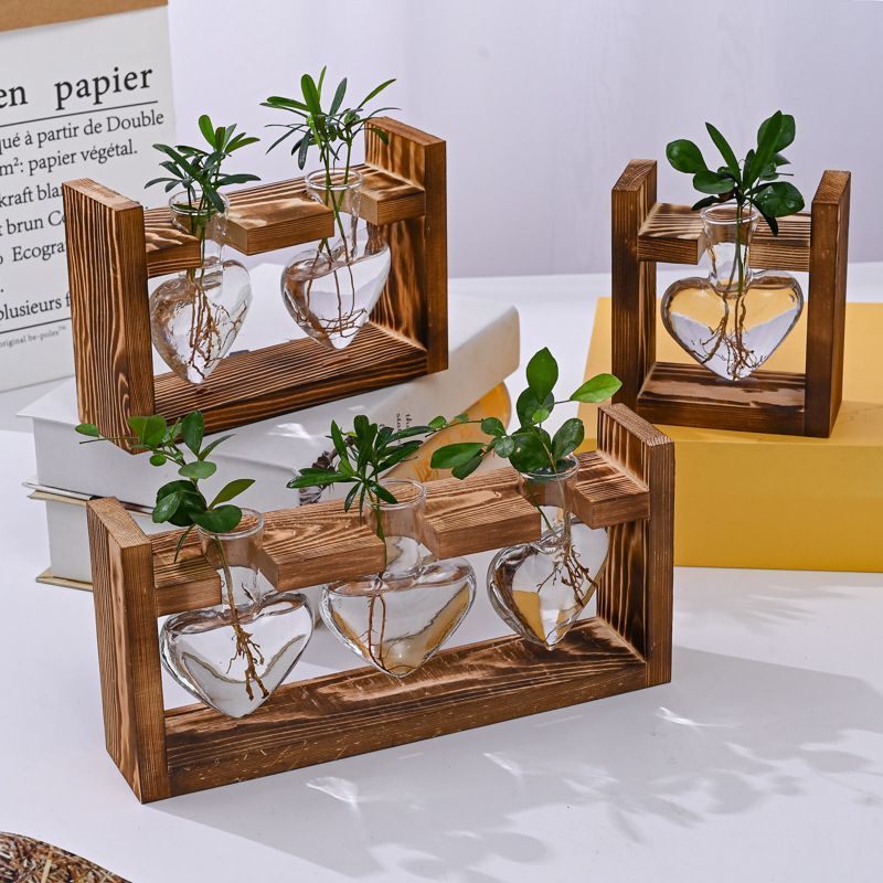 HydroponicWoodenFramewithSnap-On-Heart-ShapedTripleBottle V1221-WOODENSTAND-HEART-SHAPEDTRIPLEBOTTLE