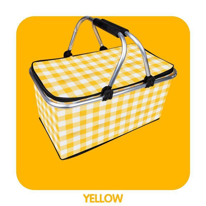 Thickened Foldable Aluminum Foil Insulated Picnic Basket-Yellow chequered pattern V1221-XM-HWYCL-001