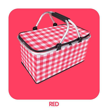 Thickened Foldable Aluminum Foil Insulated Picnic Basket-Red chequered pattern V1221-XM-HWYCL-002