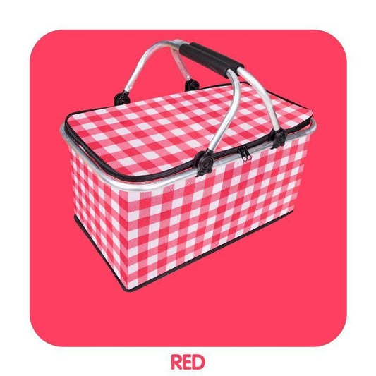 Thickened Foldable Aluminum Foil Insulated Picnic Basket-Red chequered pattern V1221-XM-HWYCL-002