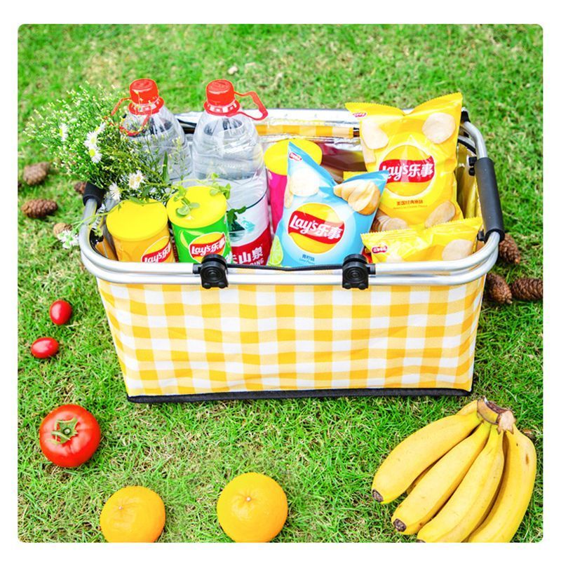 Thickened Foldable Aluminum Foil Insulated Picnic Basket-Red chequered pattern V1221-XM-HWYCL-002