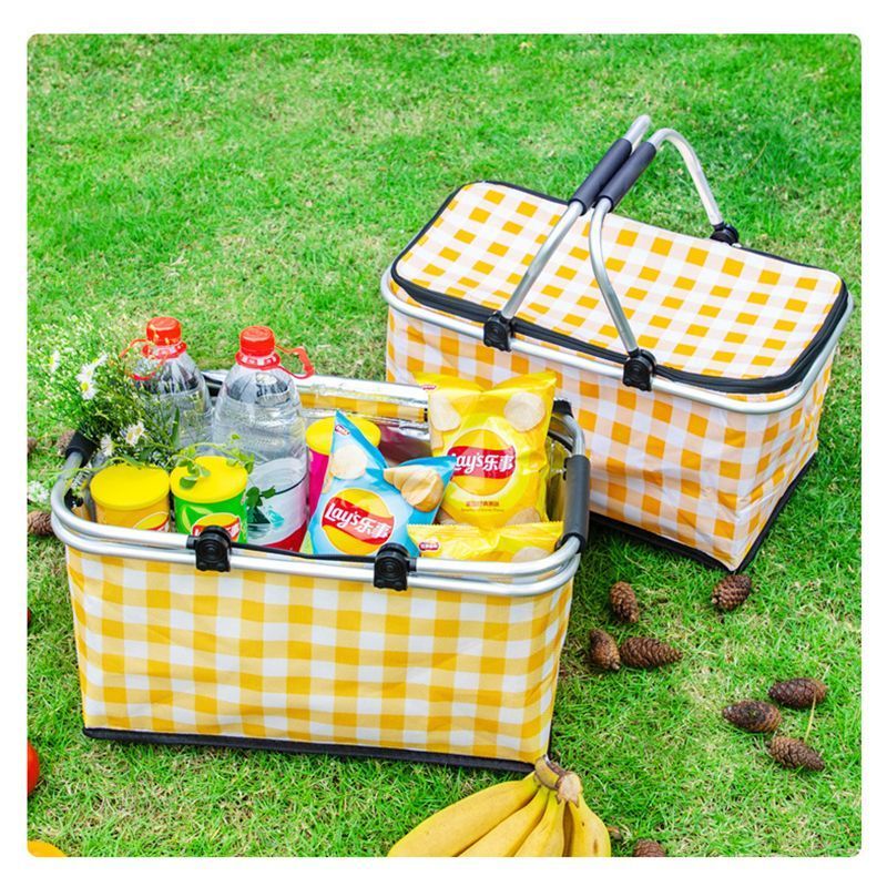 Thickened Foldable Aluminum Foil Insulated Picnic Basket-Red chequered pattern V1221-XM-HWYCL-002