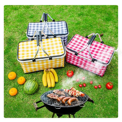 Thickened Foldable Aluminum Foil Insulated Picnic Basket-Red chequered pattern V1221-XM-HWYCL-002