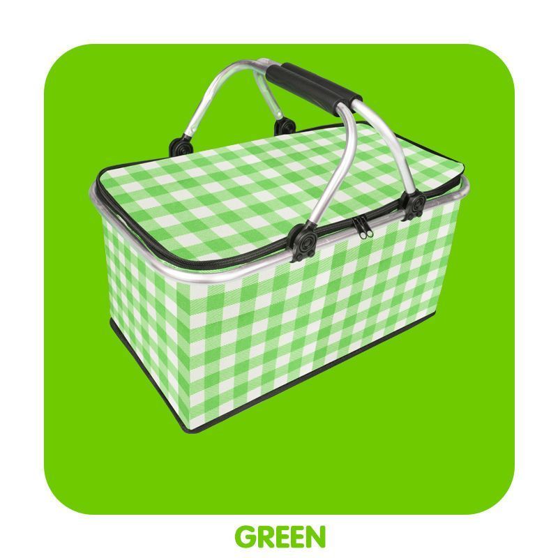 Thickened Foldable Aluminum Foil Insulated Picnic Basket-Green chequered pattern V1221-XM-HWYCL-003