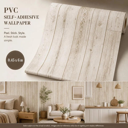 Self Adhesive Background Wallpaper 0.45x6M, Ivory Yellow Wood Grain, Cozy House Renovation