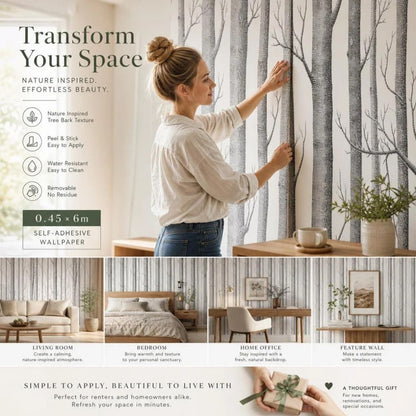 Self Adhesive PVC Wall Decal 0.45x6M, Birch Wood Texture, Natural Home Upgrade