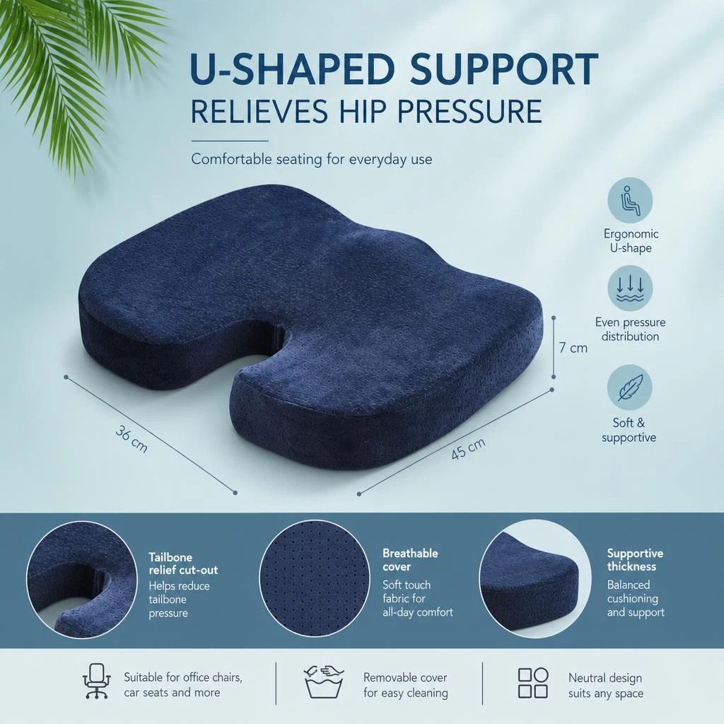 Memory Foam Seat Cushion 45x36x7, Breathable Mesh Black, Ergonomic Office Hip Support
