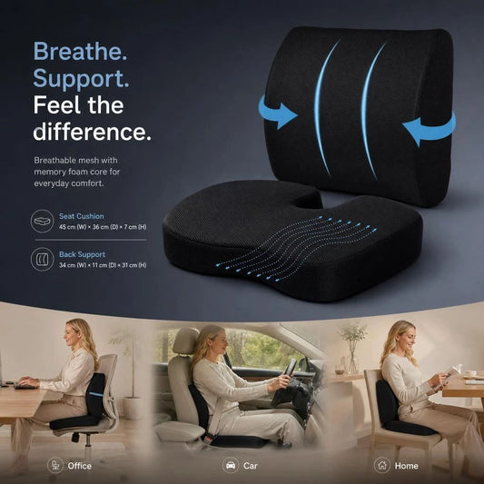 Mesh Black Seat & Lumbar Cushion Set 45x36x7, Full Body Sitting Support Gift