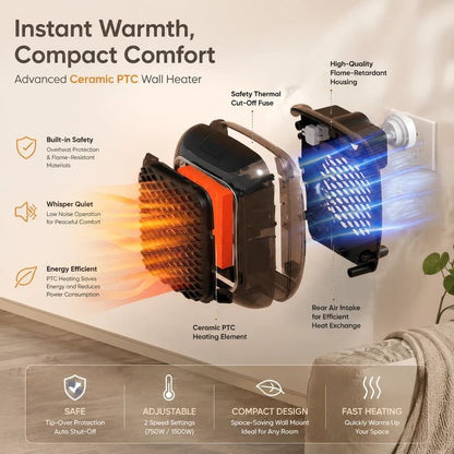 Wall Mount Mini Fan Heater Timer Portable Electric Heater Home Office