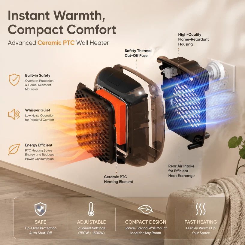 Wall Mount Mini Heater with Remote Timer Portable Electric Warmer for Home Office