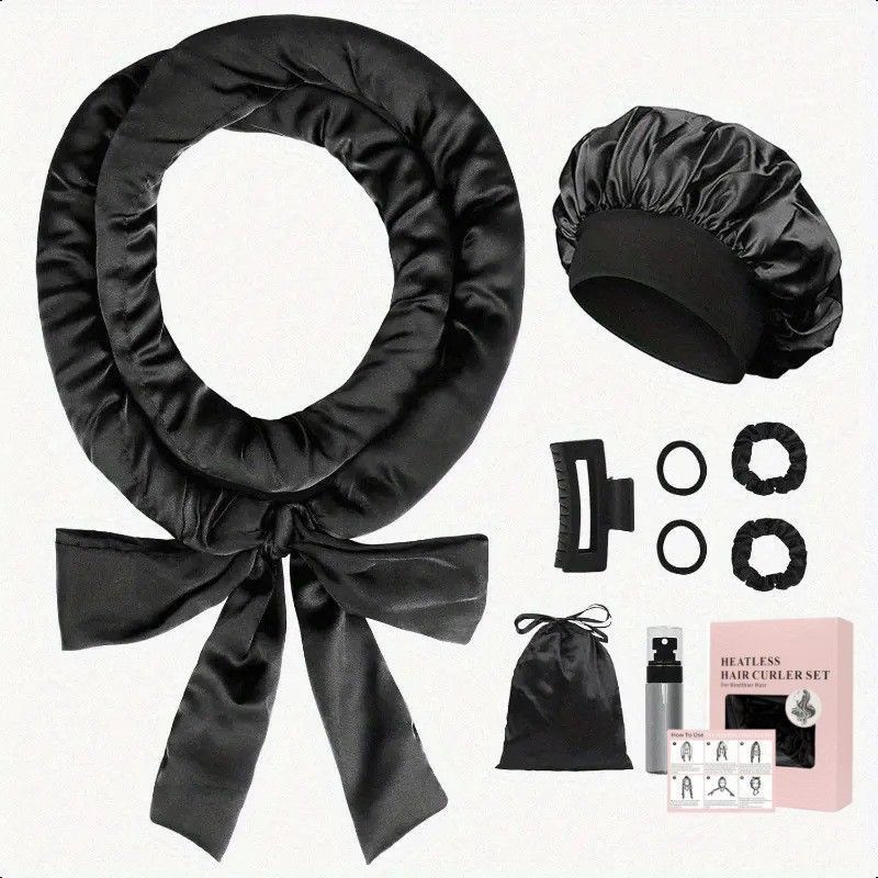 Black Satin No Heat Sleep Hair Curler 9Pcs Gift Set V1221-XM-SMJFB-04