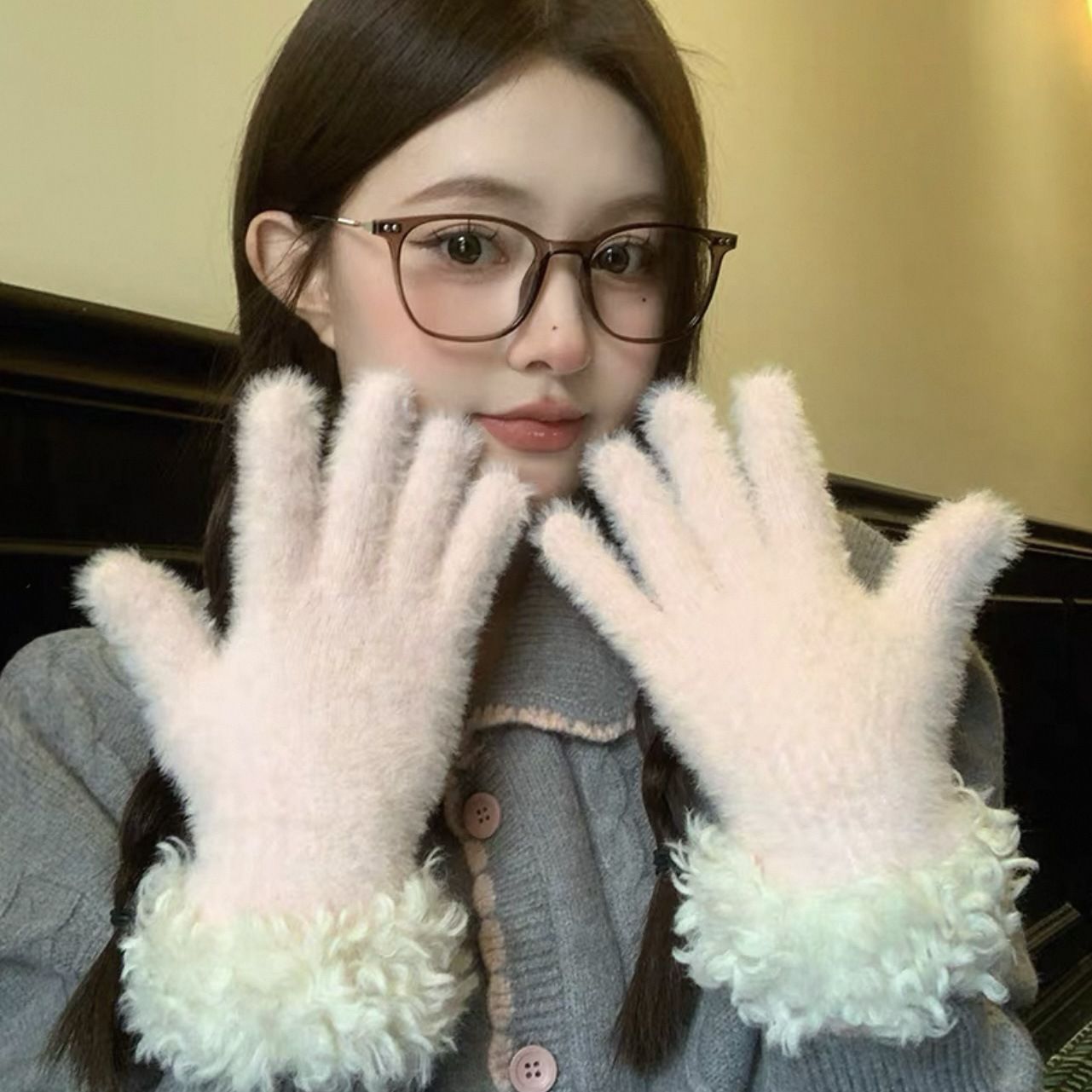 Yellow Faux Mink Spliced Gloves V1221-XM-WZST-07