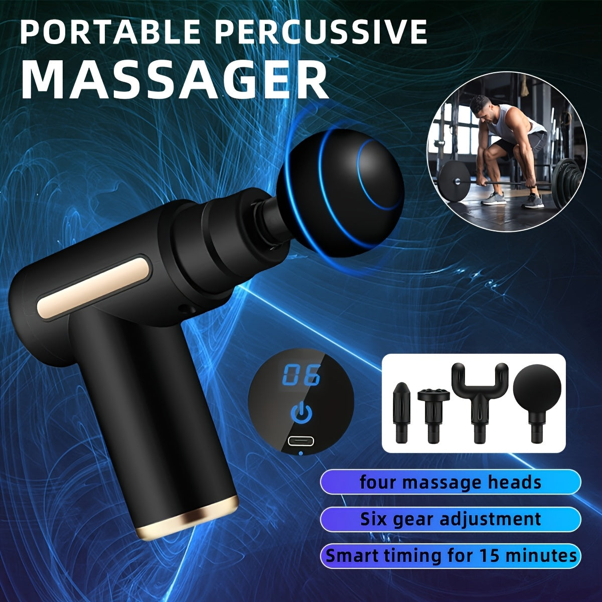 **Portable Deep Tissue Massager | 6-Speed & 4 Heads & 15-Min Timer|Professional Muscle Recovery, Anytime V1232-AMQ002