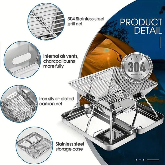 304 Stainless Steel Portable Folding BBQ Grill with Storage Tray for Outdoor Camping Picnics Beach and V1232-BBQSKL001