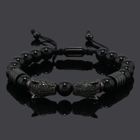 Leopard Print Men's Bracelet: Polished Black Stone Beads with Inlaid Diamond Leopard Head, 175-200mm V1232-BTSL001