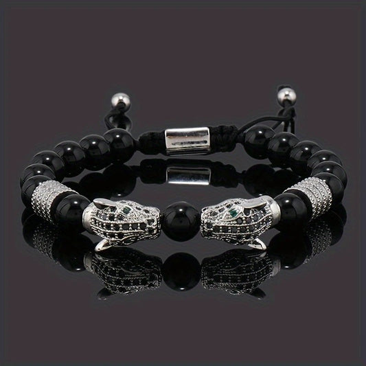 Leopard Print Men's Bracelet: Polished Black Stone Beads with Inlaid Diamond Leopard Head, 175-200mm V1232-BTSL001