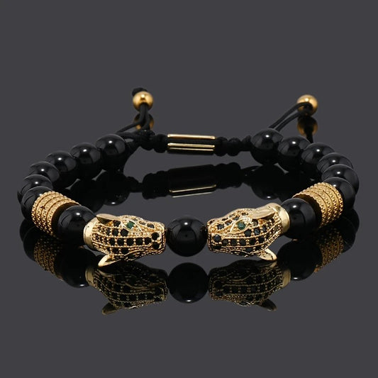 golden Leopard Print Men's Bracelet: Polished Black Stone Beads with Inlaid Diamond Leopard Head, 175-200mm V1232-BTSL003