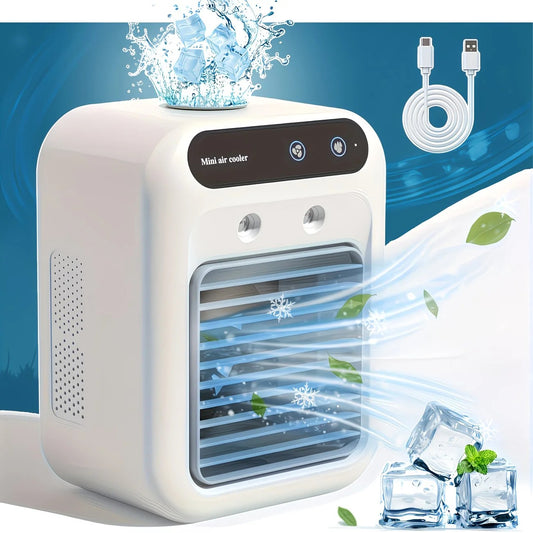 USB rechargeable mini air conditioning fan, supports USB/wireless charging. Features 3-speed wind, cooling, V1232-BXSKT001