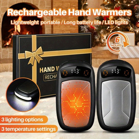 2PCS of rechargeable hand warmers with COB lights, featuring rapid heating, 3 adjustable modes, and a V1232-BXSNSQ001