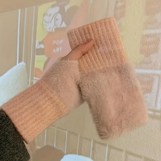 Women's Comfortable Fingerless Gloves - Soft, Warm, and Fashionable Pure White Winter Gloves, Suitable for V1232-BZST002
