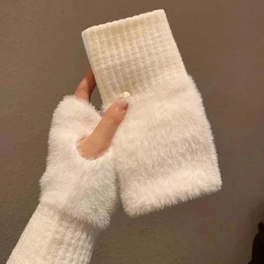 Women's Comfortable Fingerless Gloves - Soft, Warm, and Fashionable Pure White Winter Gloves, Suitable for V1232-BZST003