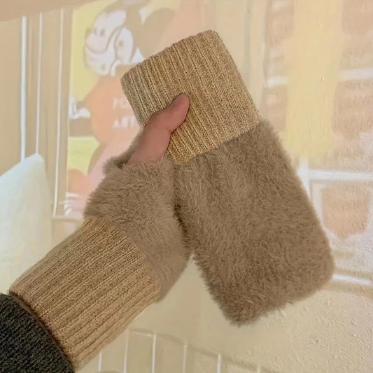 Women's Comfortable Fingerless Gloves - Soft, Warm, and Fashionable Pure White Winter Gloves, Suitable for V1232-BZST004