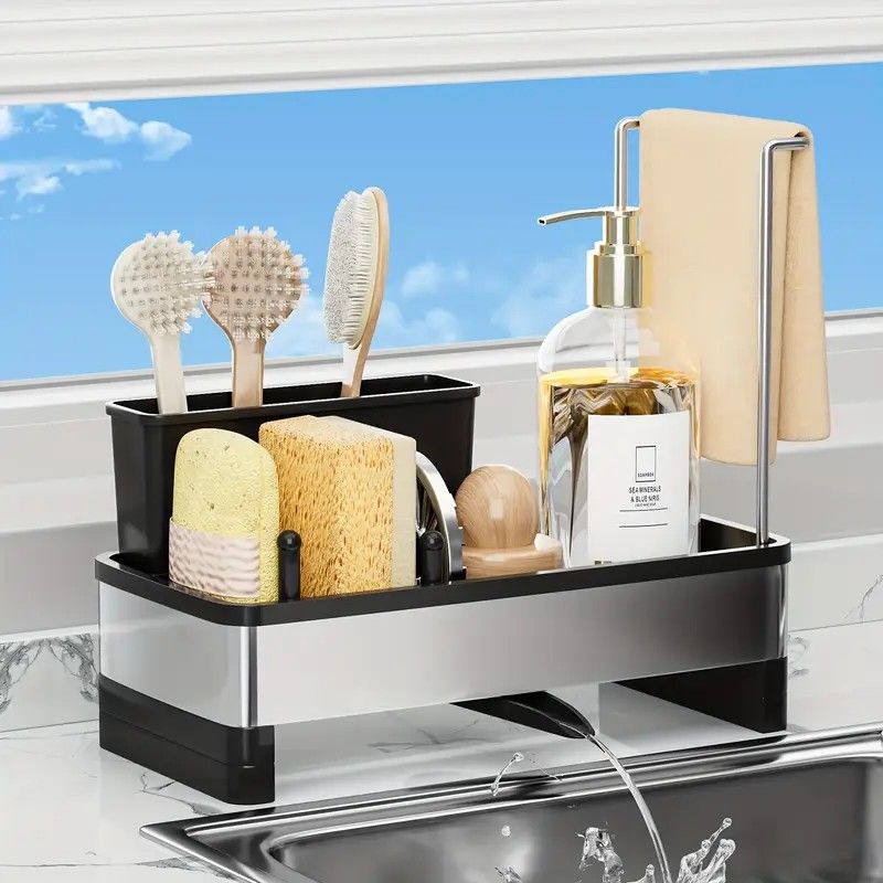 No Drill 360 degrees Rotating Drain Sponge Holder with Tray Kitchen Sink Organizer(WHITE) V1232-CFLSLX001