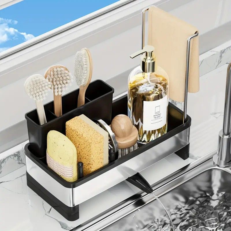No Drill 360 degrees Rotating Drain Sponge Holder with Tray Kitchen Sink Organizer AU(BLACK) V1232-CFLSLX003