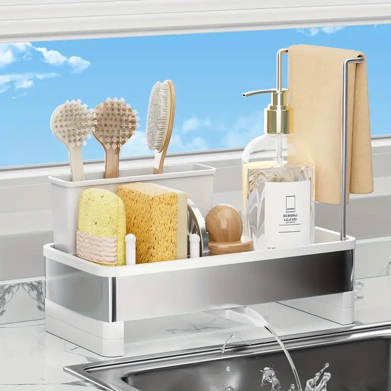 No Drill 360 degrees Rotating Drain Sponge Holder with Tray Kitchen Sink Organizer AU(BLACK) V1232-CFLSLX003