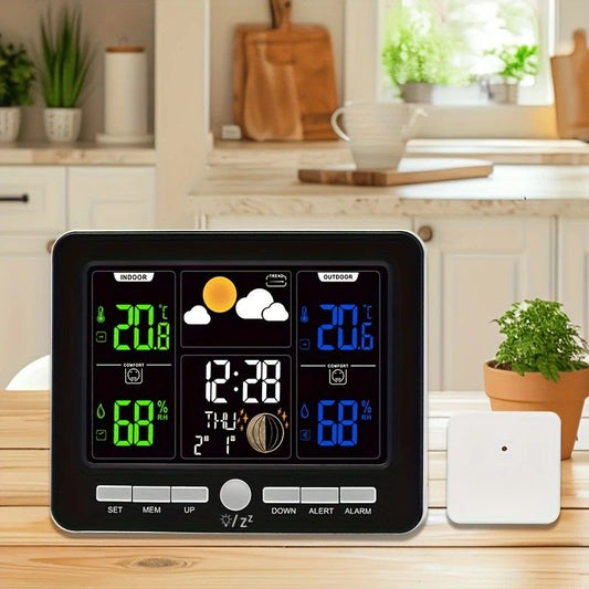 Indoor Outdoor Weather Station Color LCD Atomic Clock Barometer Forecast Dual Alarm Snooze Calendar Time Date V1232-CPQXZ001