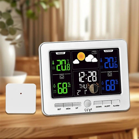 Indoor Outdoor Weather Station Color LCD Atomic Clock Barometer Forecast Dual Alarm Snooze Calendar Time Date V1232-CPQXZ002