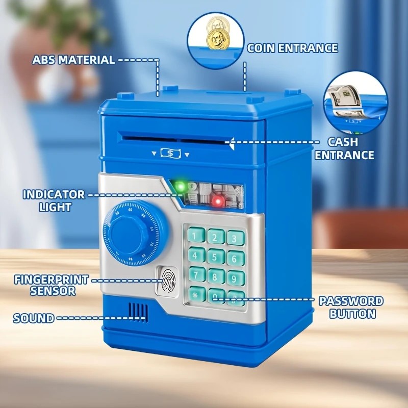 Children's Password Piggy Bank, Dual Lock,BLUE Automatic Bill Intake, Develops Savings Habit, Multiple Colors V1232-CQG001