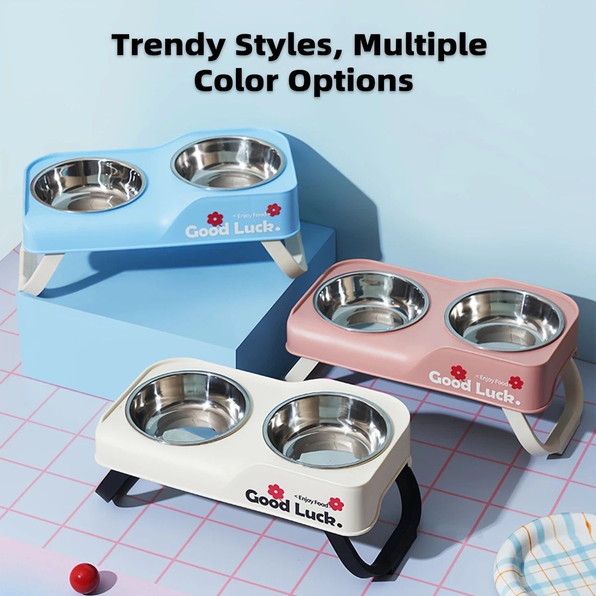 Dopamine Color Pet Bowl Set, Anti-Slip Adjustable Height Design for Small/Medium Dogs and Cats(white) V1232-CWW003