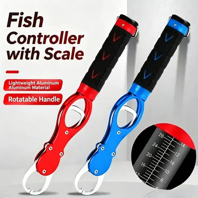 Aluminum Alloy Fish Control & Weighing Tool - Curved Jaw Anti-slip Lock, 18KG Instant Reading Scale(red) V1232-DCKYQ001