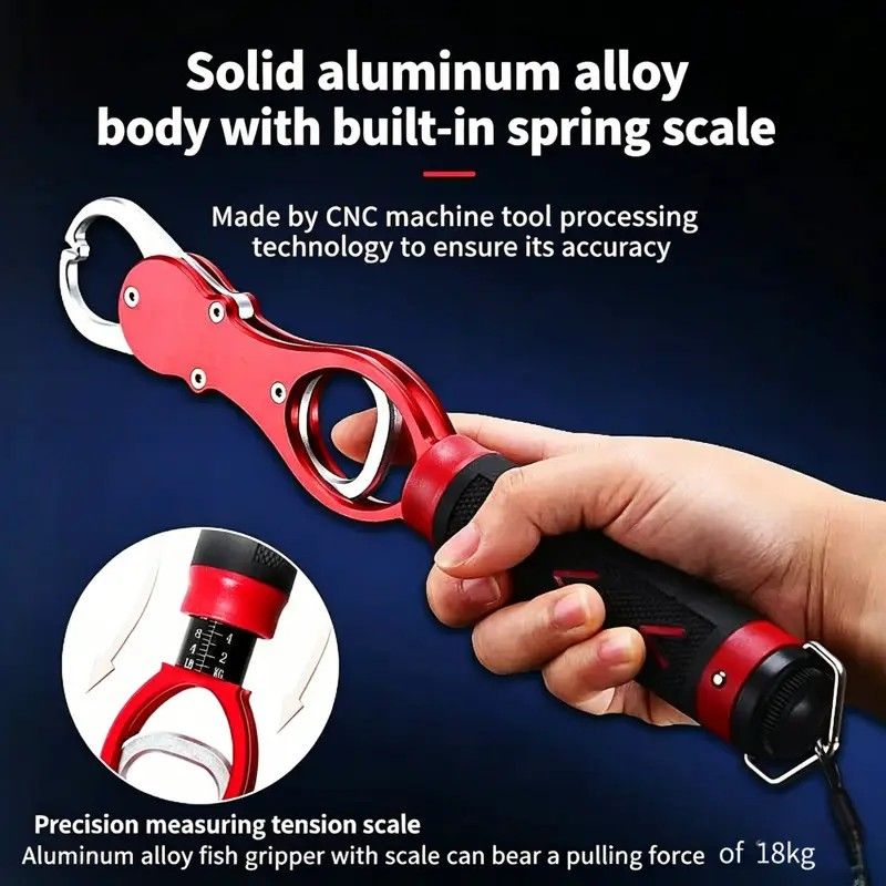 Aluminum Alloy Fish Control & Weighing Tool - Curved Jaw Anti-slip Lock, 18KG Instant Reading Scale(red) V1232-DCKYQ001