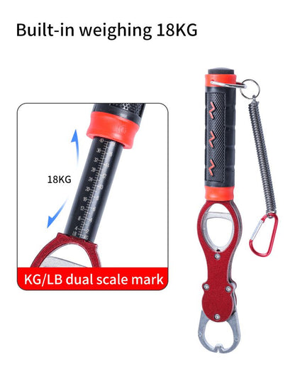 Aluminum Alloy Fish Control & Weighing Tool - Curved Jaw Anti-slip Lock, 18KG Instant Reading Scale(red) V1232-DCKYQ001