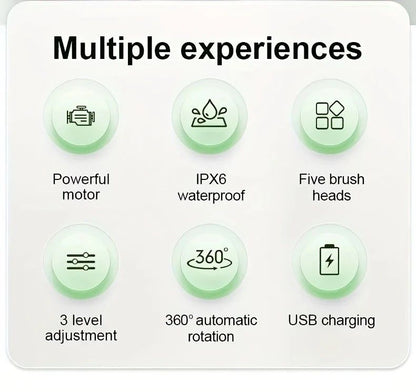 Multi-Function Electric Body Brush: 360 degrees Rotation, Auto-Cleaning, 5 Brush Heads, 3-Speed Adjustment, V1232-DDMYS002