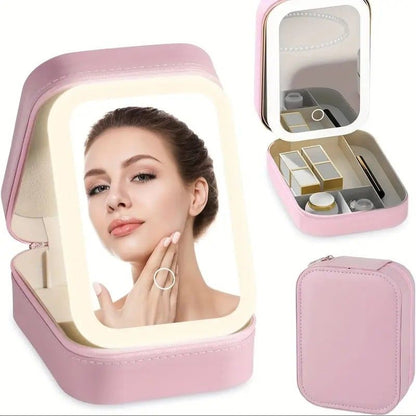 Portable 3-Light LED Makeup Mirror with Organizer - Travel Vanity Case, Rechargeable Touch Control Makeup Box V1232-DJZHZSSH0011