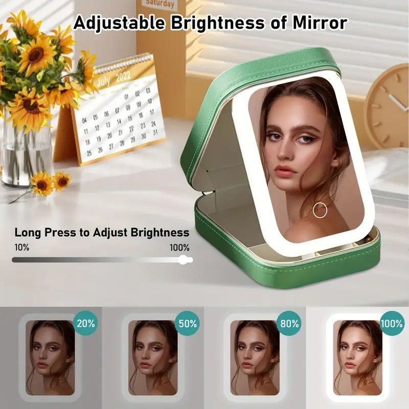 Portable 3-Light LED Makeup Mirror with Organizer - Travel Vanity Case, Rechargeable Touch Control Makeup Box V1232-DJZHZSSH0011