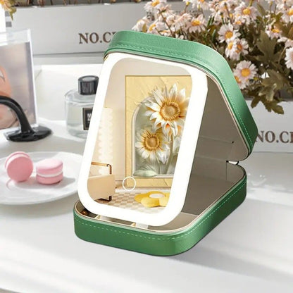 Portable 3-Light LED Makeup Mirror with Organizer - Travel Vanity Case, Rechargeable Touch Control Makeup Box V1232-DJZHZSSH0011