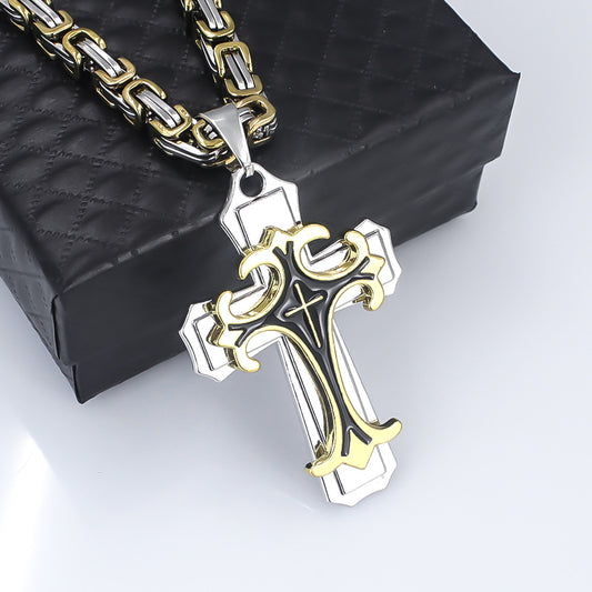 golden Men's Vintage Flat Handmade Necklace with Multi-layered Stainless Steel Pendant Jewelry Accessory. V1232-DWLT001