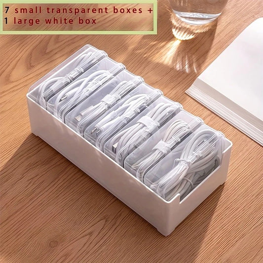 Transparent cable organizer, 7 small + 1 large combo design. Lightweight and durable, stores data cables and V1232-DXSNHQJY001