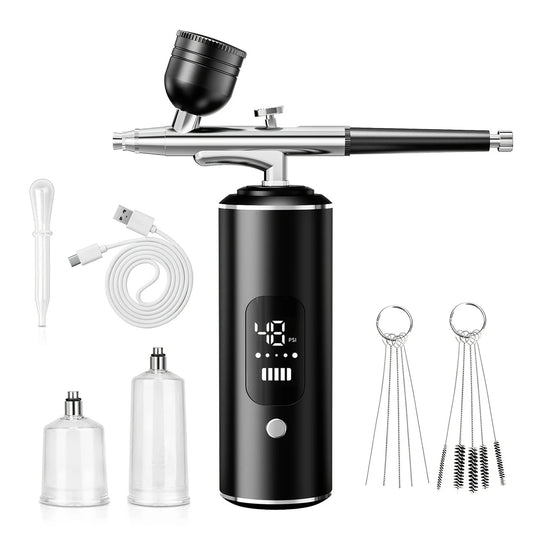 Black Portable Wireless Airbrush Kit, ideal for nail art, painting, cake decoration, and makeup. Rechargeable V1232-DXSNHQJY002