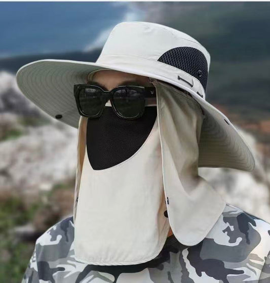 beige. Extra Wide Fishing Hat with Detachable Sun Visor and Neck Guard - The Perfect Choice for Summer V1232-DYM002
