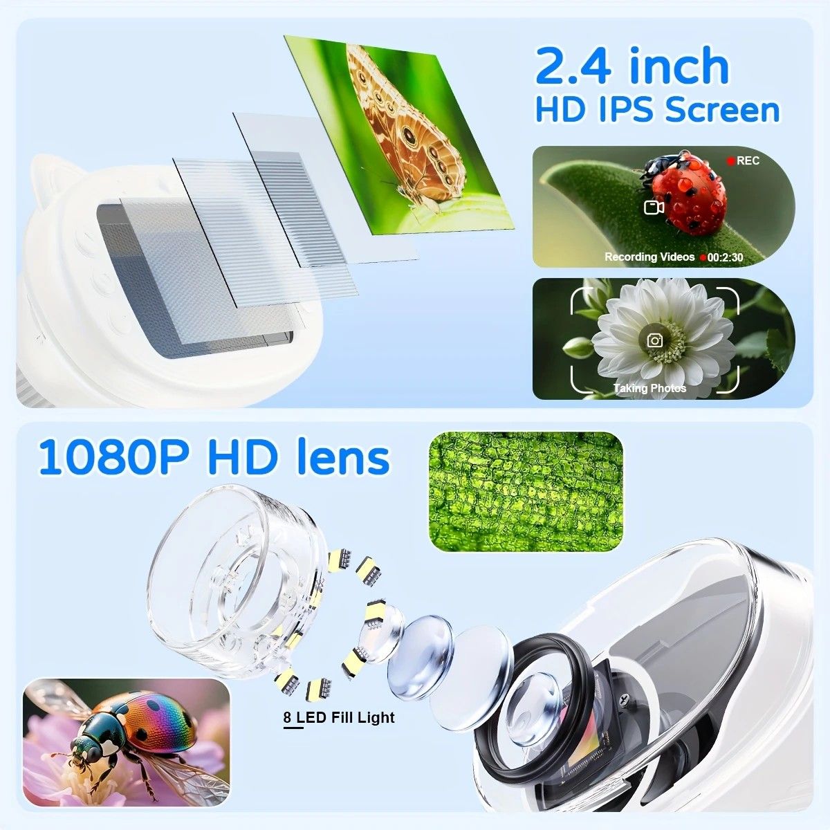 Children's 1000X Digital Microscope 2.4 Inch IPS Screen Portable Mini LED Microscope with Photo Video and PC V1232-ETXWJ001