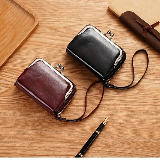 Vintage Leather Mini Bag, classic kiss-lock closure, multi-layer compartment storage, lightweight and V1232-FGLQB002