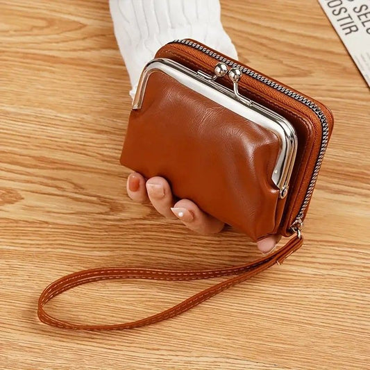 Vintage Leather Mini Bag, classic kiss-lock closure, multi-layer compartment storage, lightweight and V1232-FGLQB005